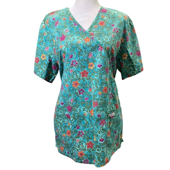 CHEROKEE Women's size Medium scrub top Workwear tie back mock wrap front pockets - Picture 1 of 8